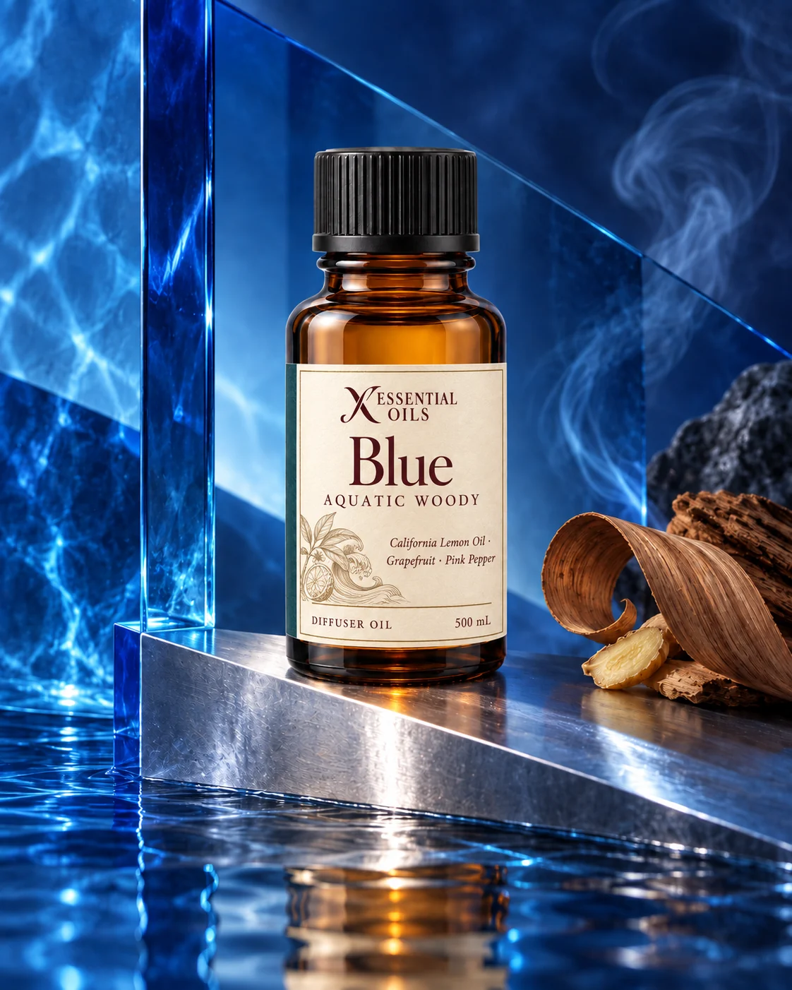 Blue oil bottle among angular ultramarine glass planes and silver surfaces above a thin reflecting pool.