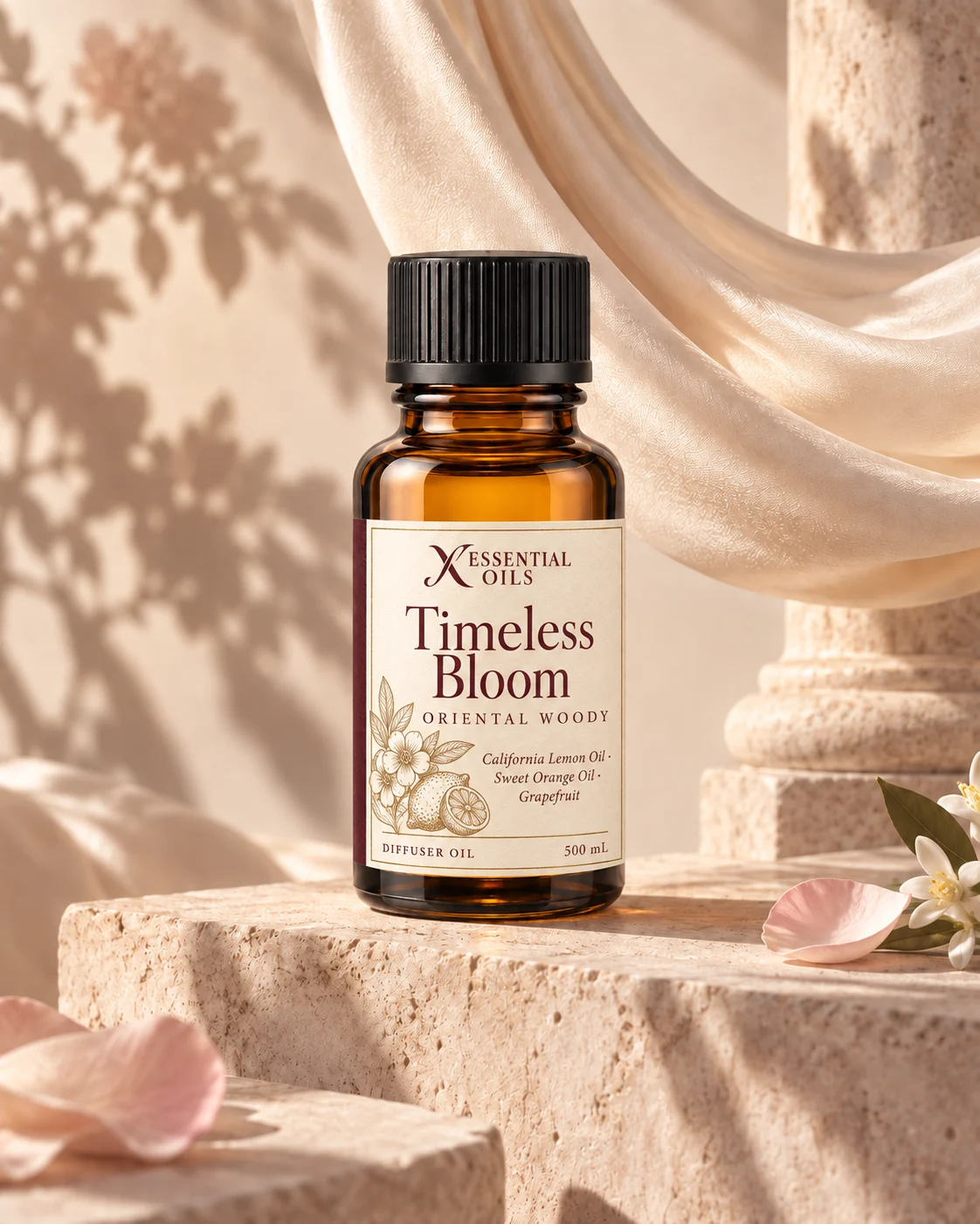 Timeless Bloom oil bottle on sandstone in an ivory gallery with a suspended silk loop and rose-and-neroli shadows.