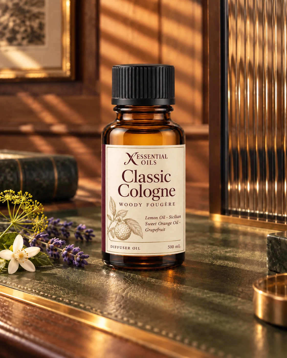 Classic Cologne oil bottle on green leather in a cedar atelier with lavender, orange blossom and striped morning light.