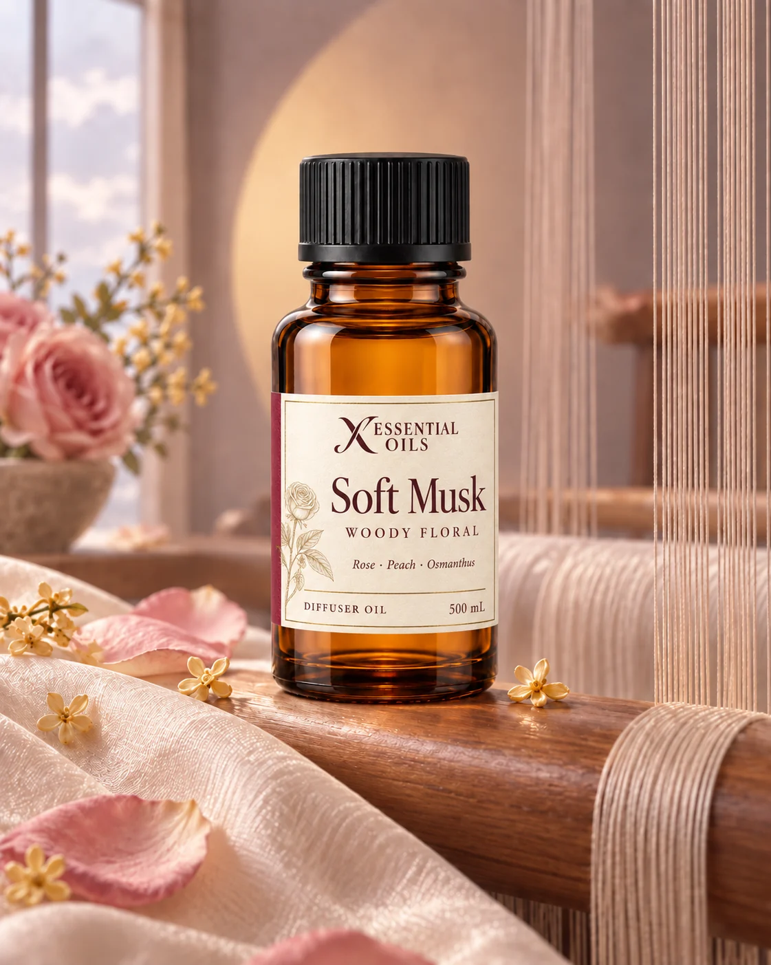 Standard glass oil bottle on a sandalwood loom beam surrounded by ivory silk, rose petals and golden osmanthus.