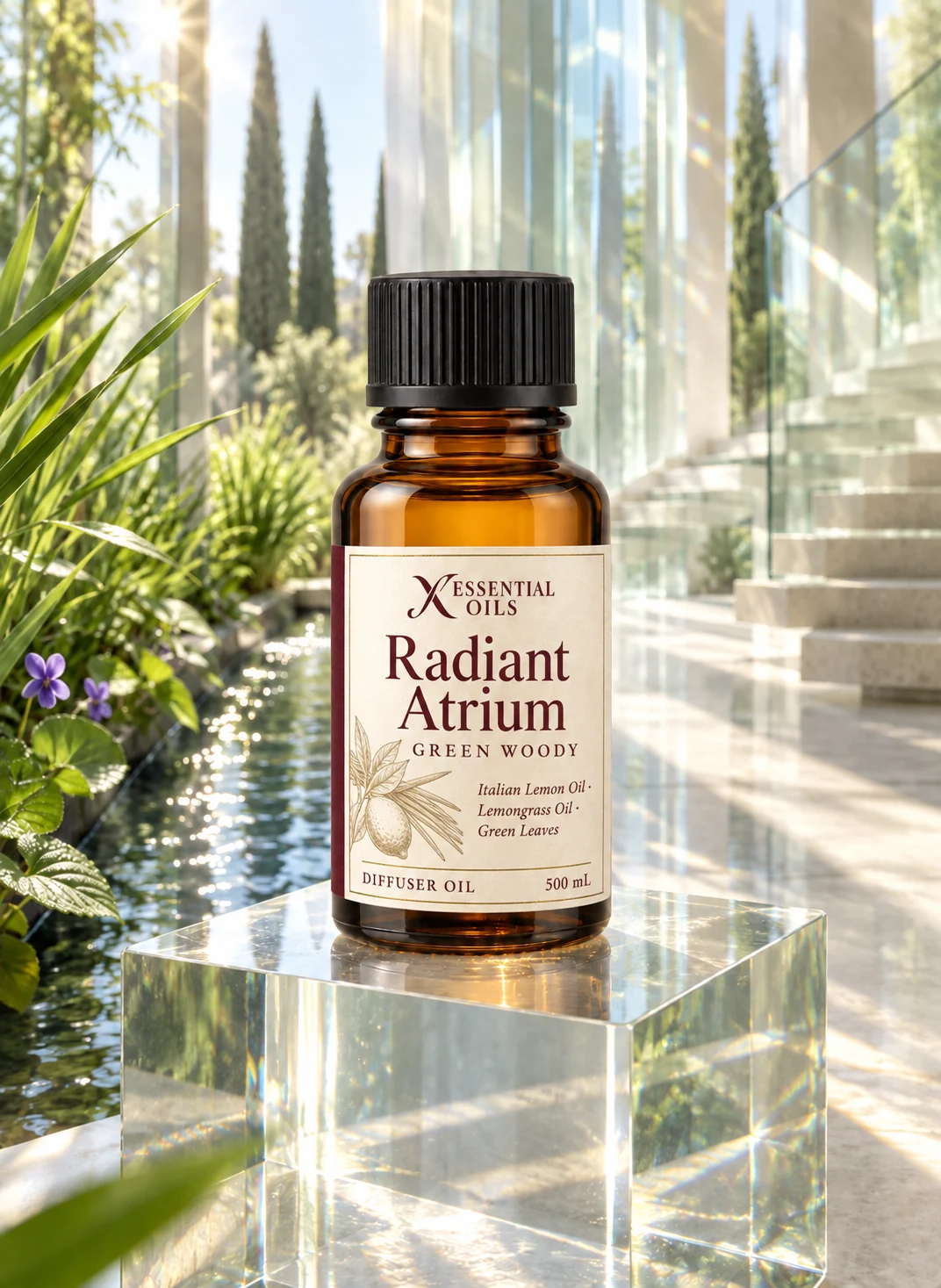 Radiant Atrium oil bottle on a glass cube in a luminous atrium with lime light, a water rill and lemongrass.