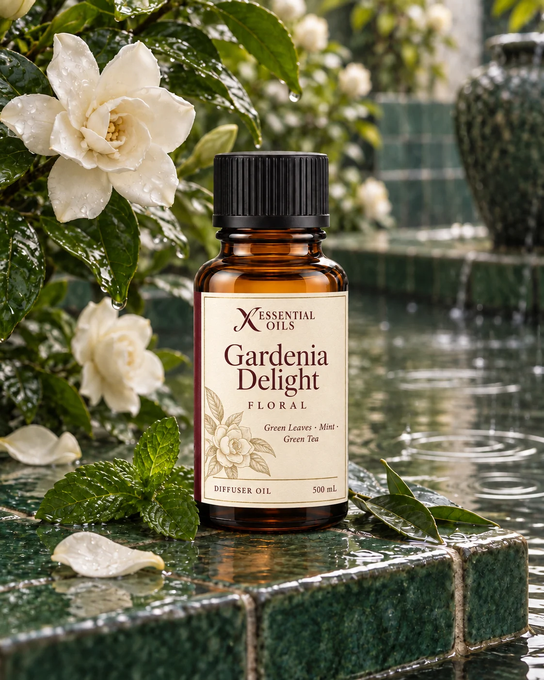 Gardenia Delight oil bottle above an emerald-tiled rainwater channel beneath glossy gardenia leaves and white blossoms.