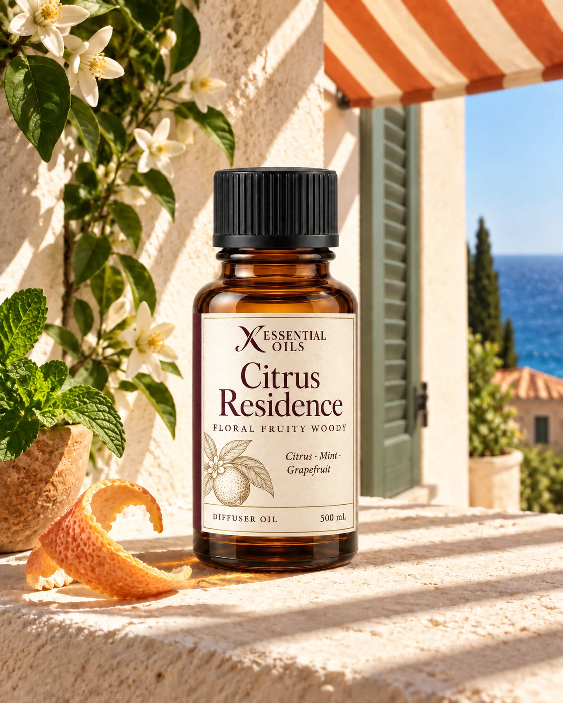 Citrus Residence oil bottle in a sunlit seaside alcove with striped awning shadows, mint and orange blossom.