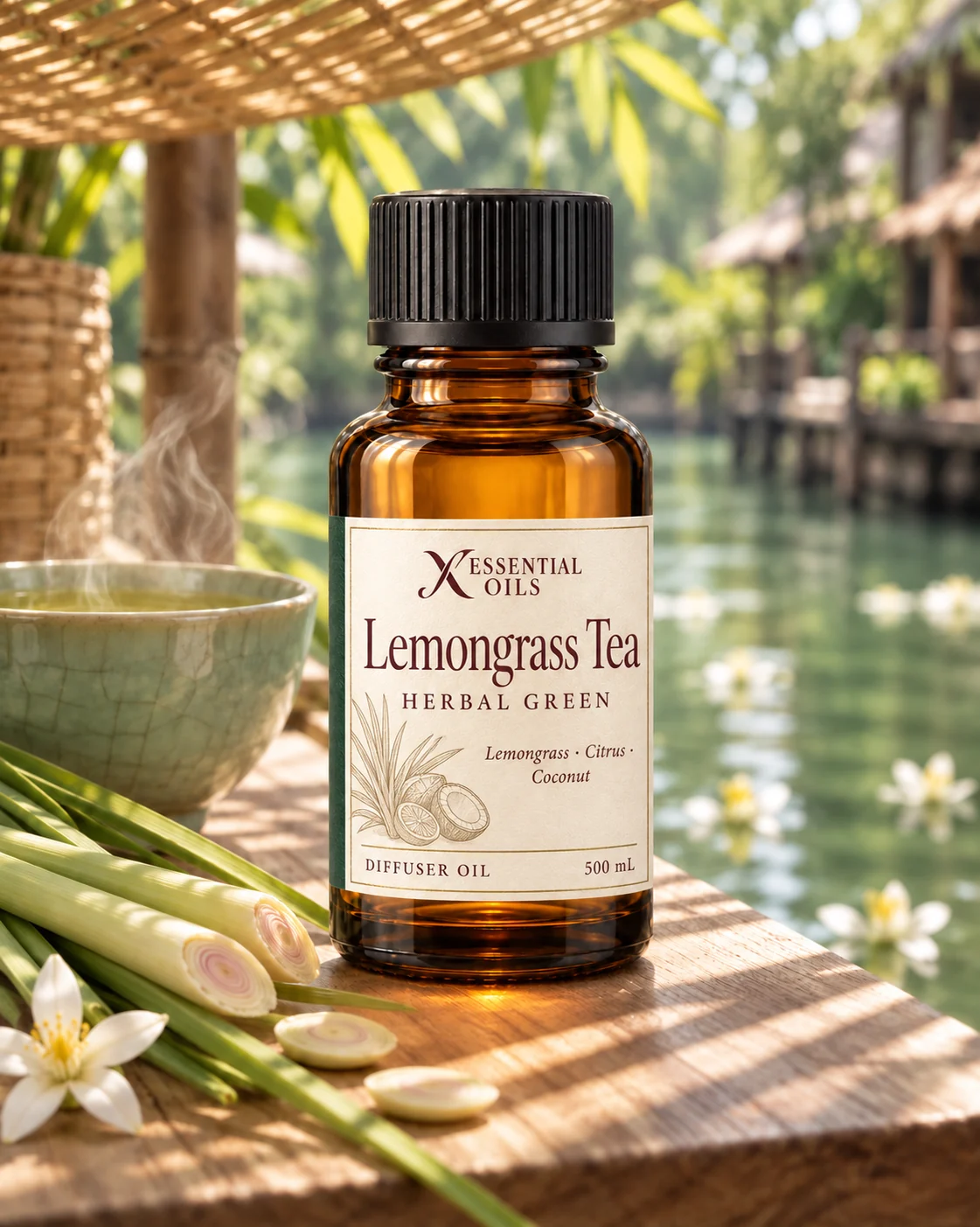 Lemongrass Tea oil bottle on a woven tea deck beside lemongrass and a steaming celadon bowl above green water.