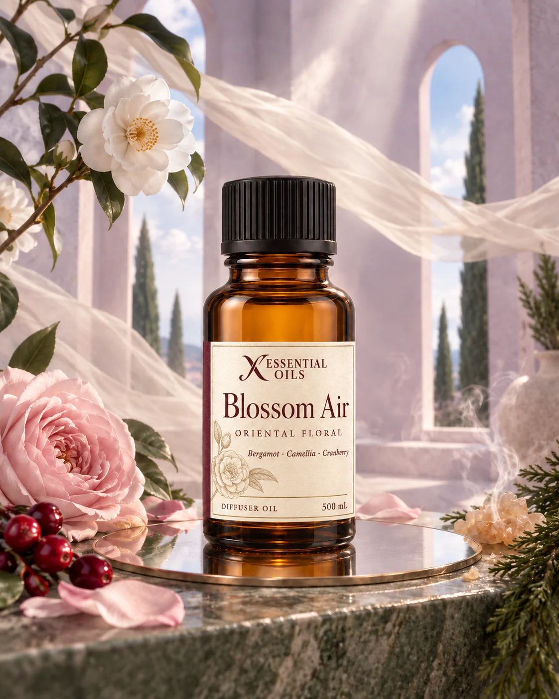 Standard glass oil bottle on a mirrored platform in an airy lavender room with floating silk and camellia blossoms.