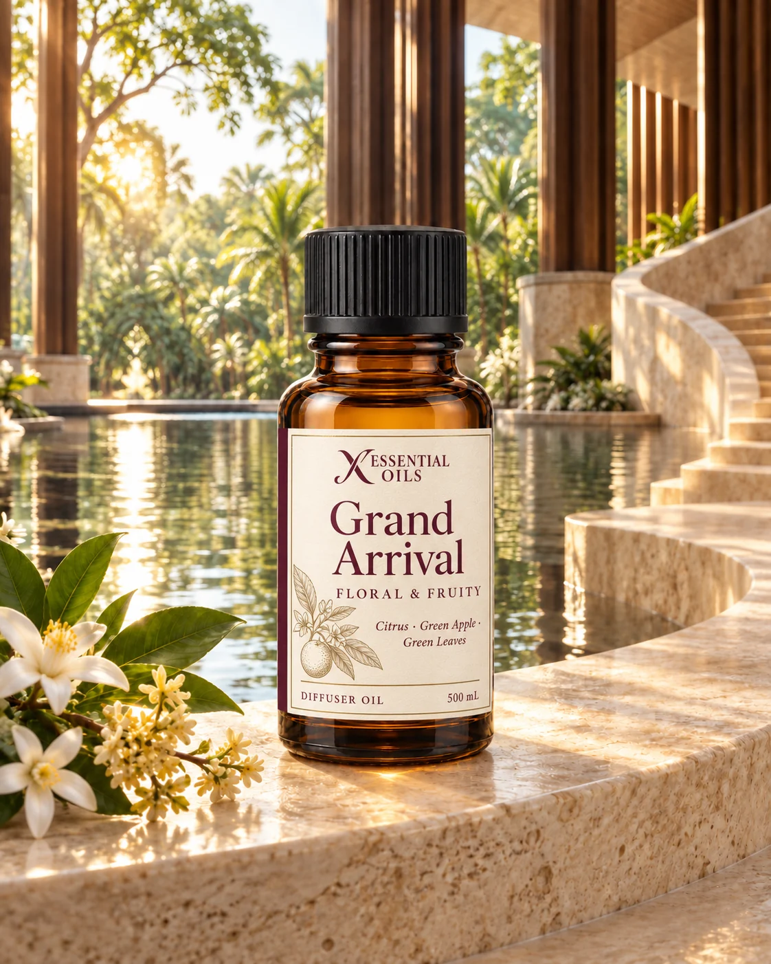 Grand Arrival oil bottle on a travertine stair overlooking a sunlit water court and white blossoms.