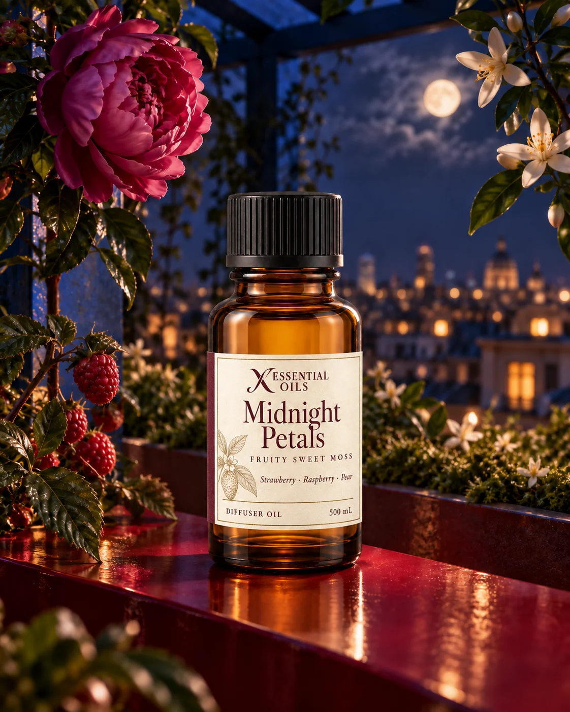 Standard glass oil bottle on a berry-red rooftop ledge beneath midnight peonies and a cobalt pergola.