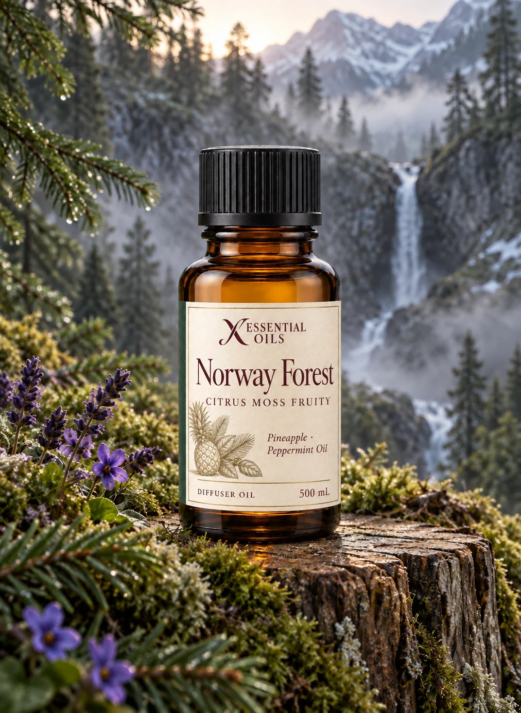 Norway Forest oil bottle on cedar beside moss and fir tips in a misty snowmelt ravine.