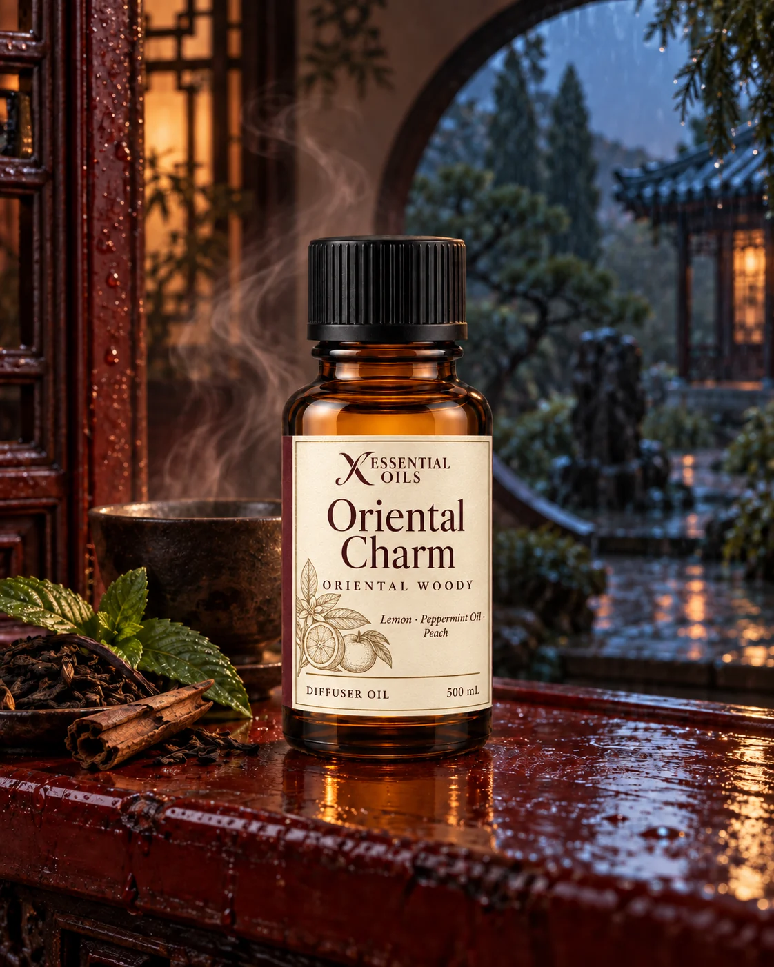 Oriental Charm oil bottle on a red lacquer tea-pavilion sill with pu'er steam, mint and a rain-dark cypress garden.