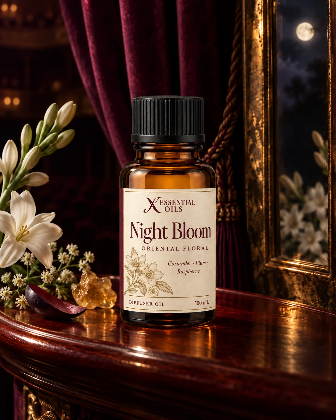 Night Bloom oil bottle in a nocturnal redwood opera-box alcove with deep-plum silk, a bronze mirror, tuberose and jasmine.