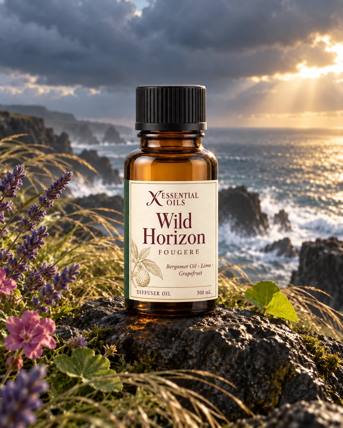 Wild Horizon oil bottle on a dark coastal cliff among lavender and windswept grasses beneath a clearing sky.