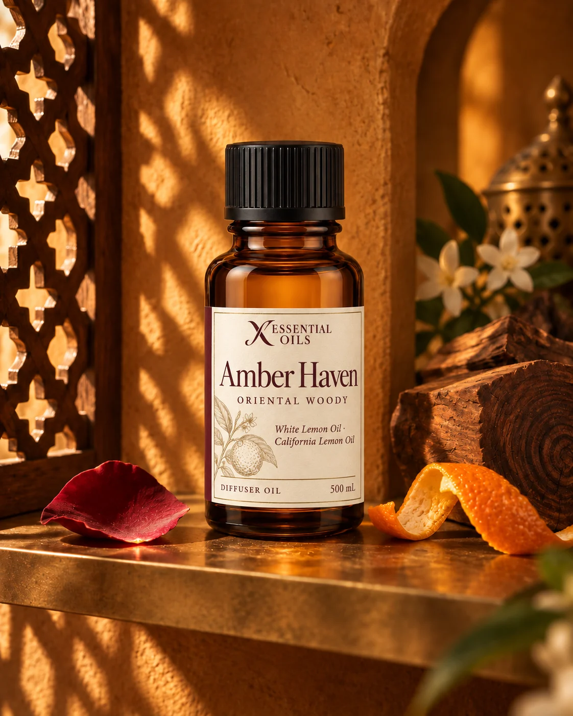 Amber Haven oil bottle in an amber plaster sanctuary with a brass shelf, sandalwood lattice shadows and jasmine.