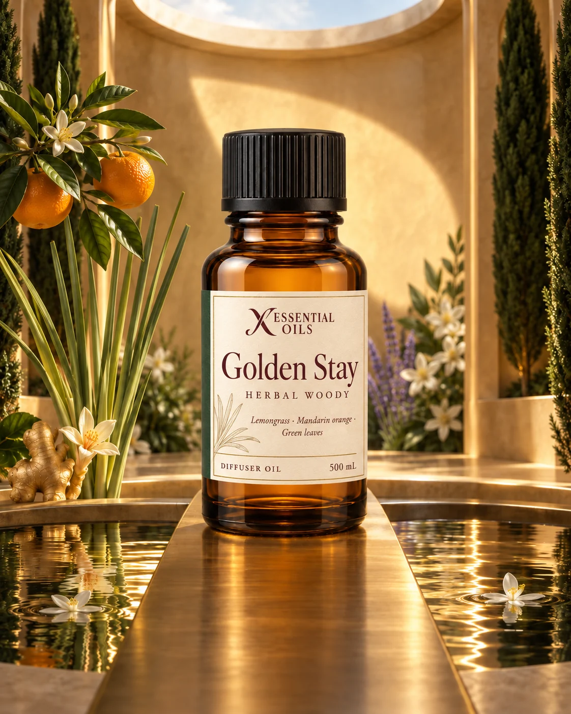 Standard glass oil bottle on a brass bridge over a reflecting pool inside a saffron room with lemongrass and neroli.