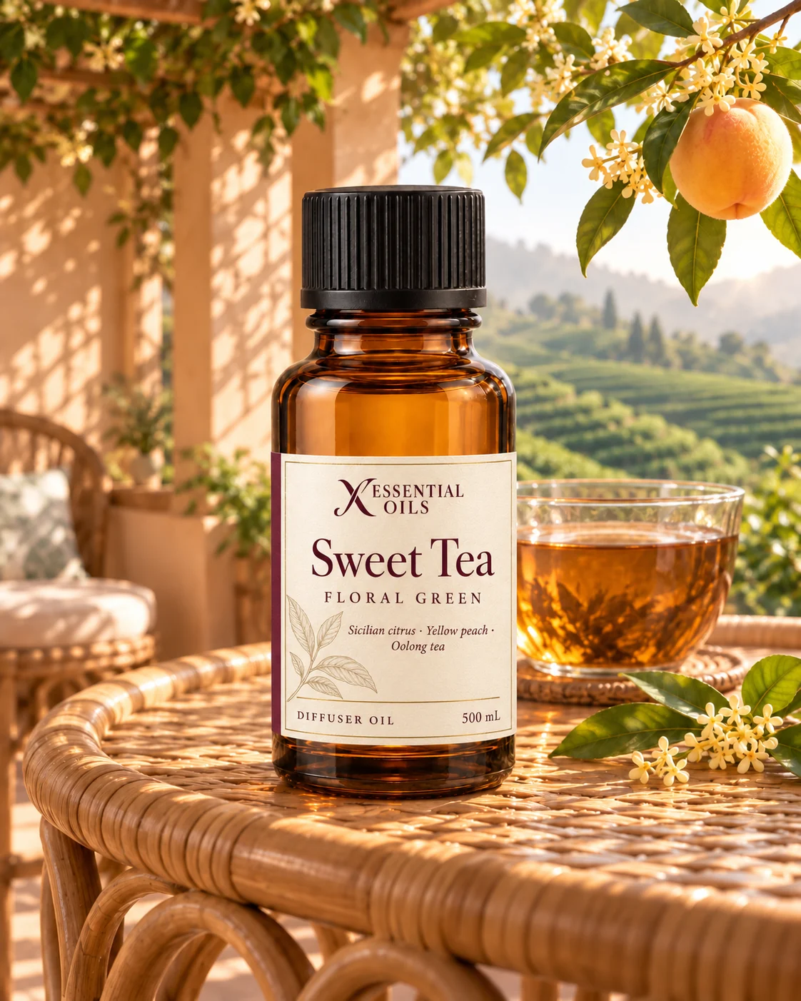 Standard glass oil bottle on a curved rattan veranda table with amber tea, ivy shadows and a sunlit tea orchard.