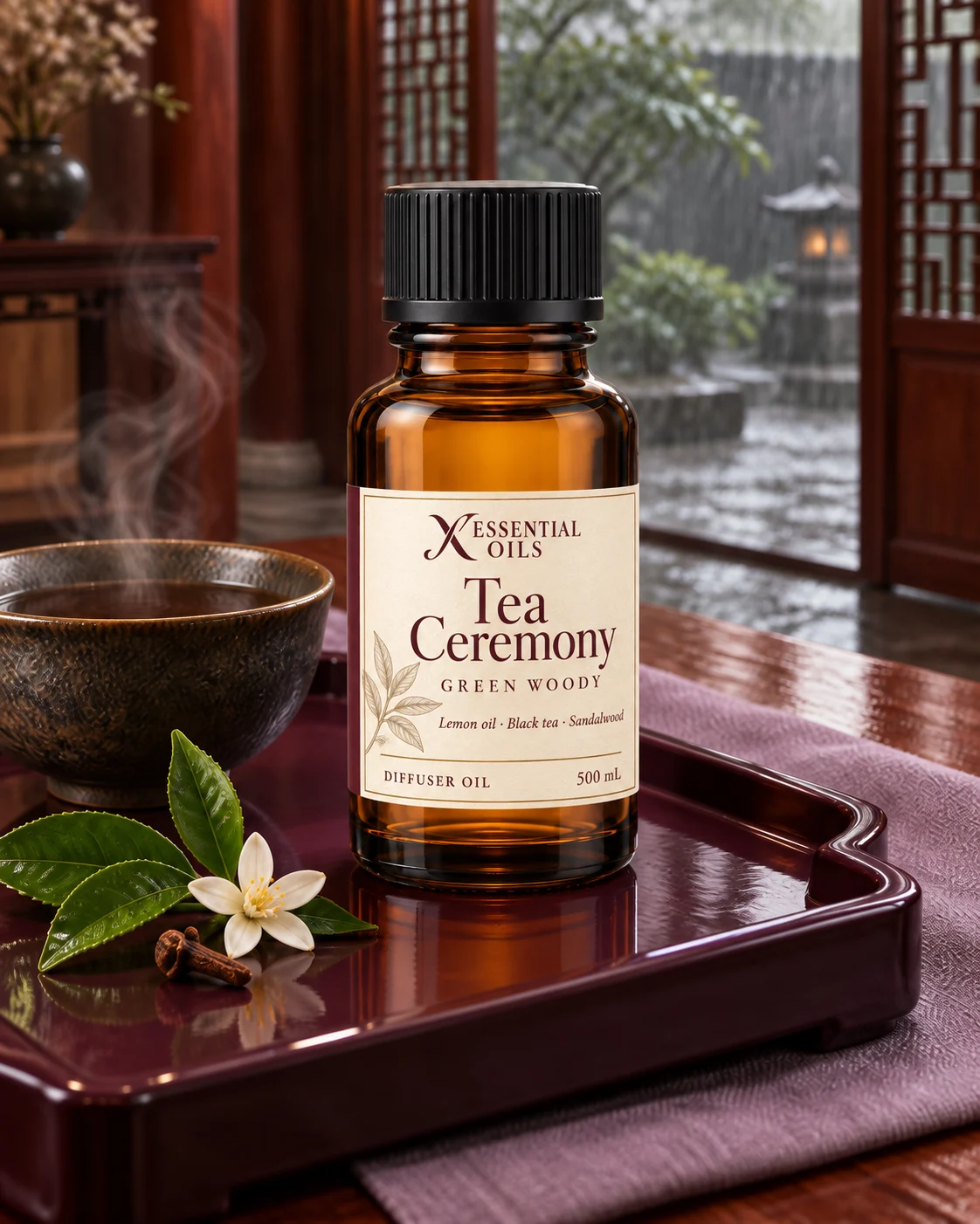 Standard glass oil bottle on an aubergine tea tray in a redwood pavilion overlooking a monsoon courtyard.