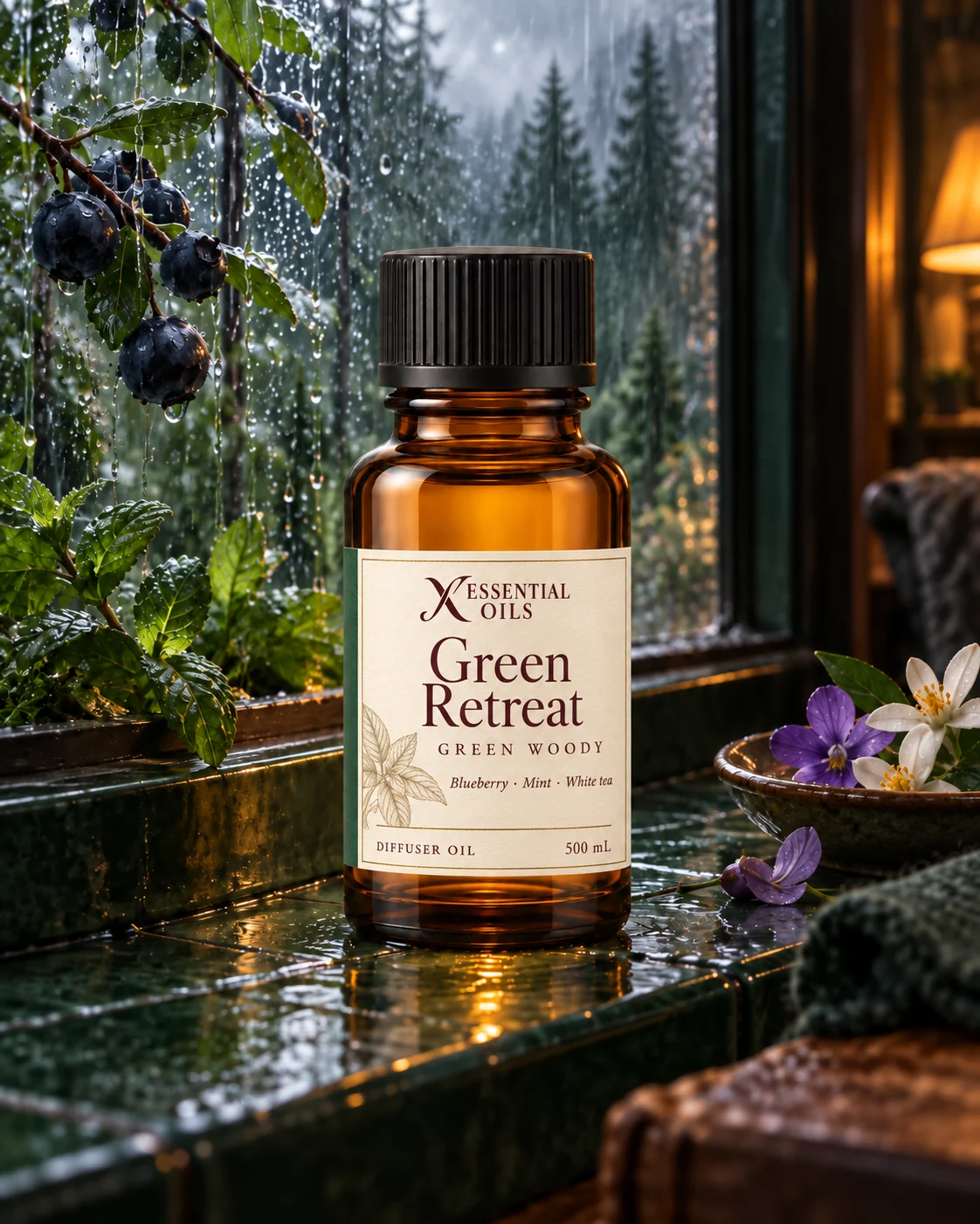 Standard glass oil bottle on a bottle-green cabin windowsill with rain, blueberry branches, mint and distant fir trees.
