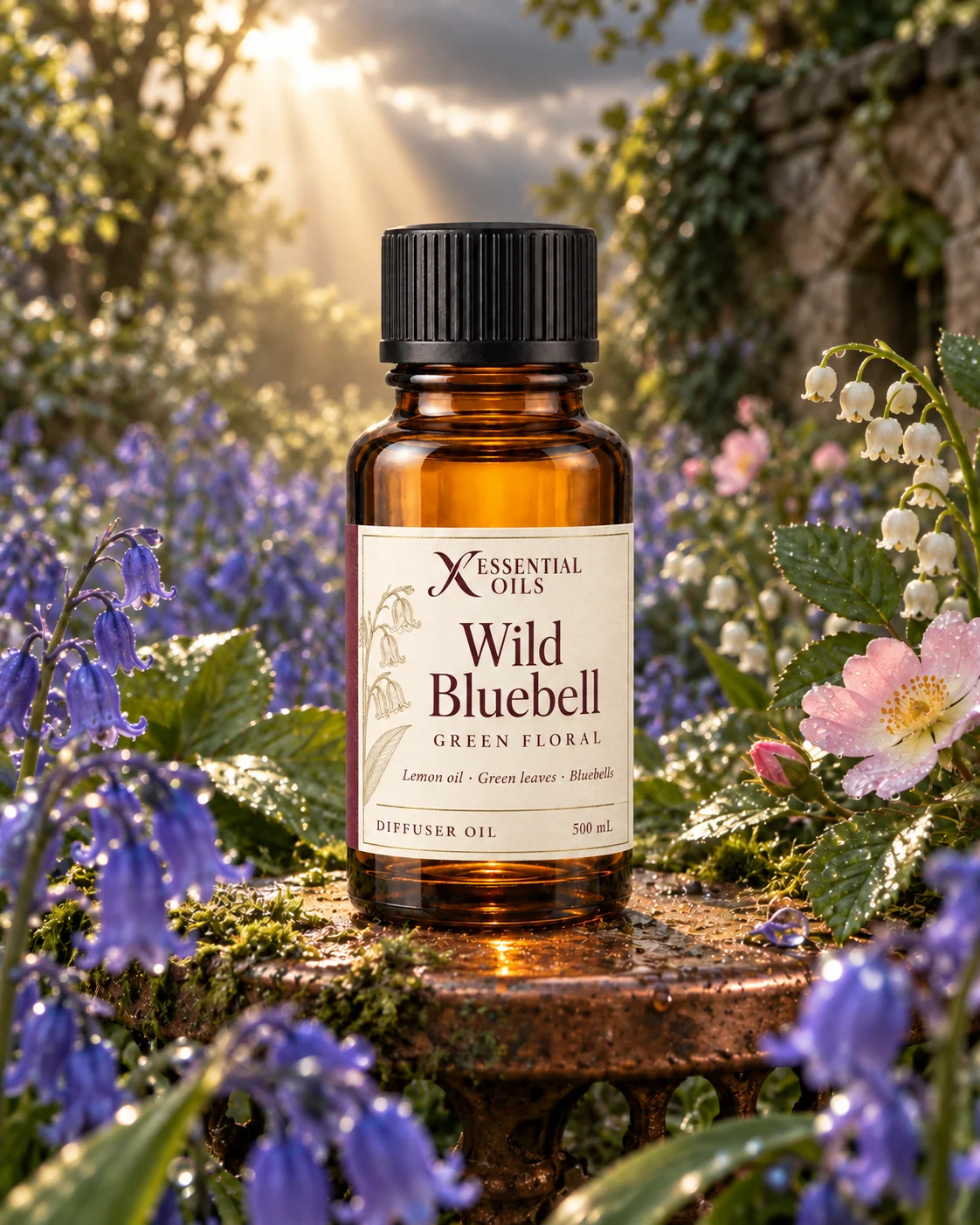 Standard glass oil bottle on a copper garden seat amid bluebells and moss illuminated by a sudden sunbeam.