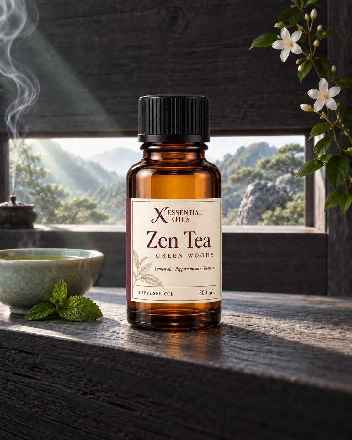 Standard glass oil bottle on a charcoal cedar ledge in a dawn tea room with green tea, peppermint and a narrow garden view.