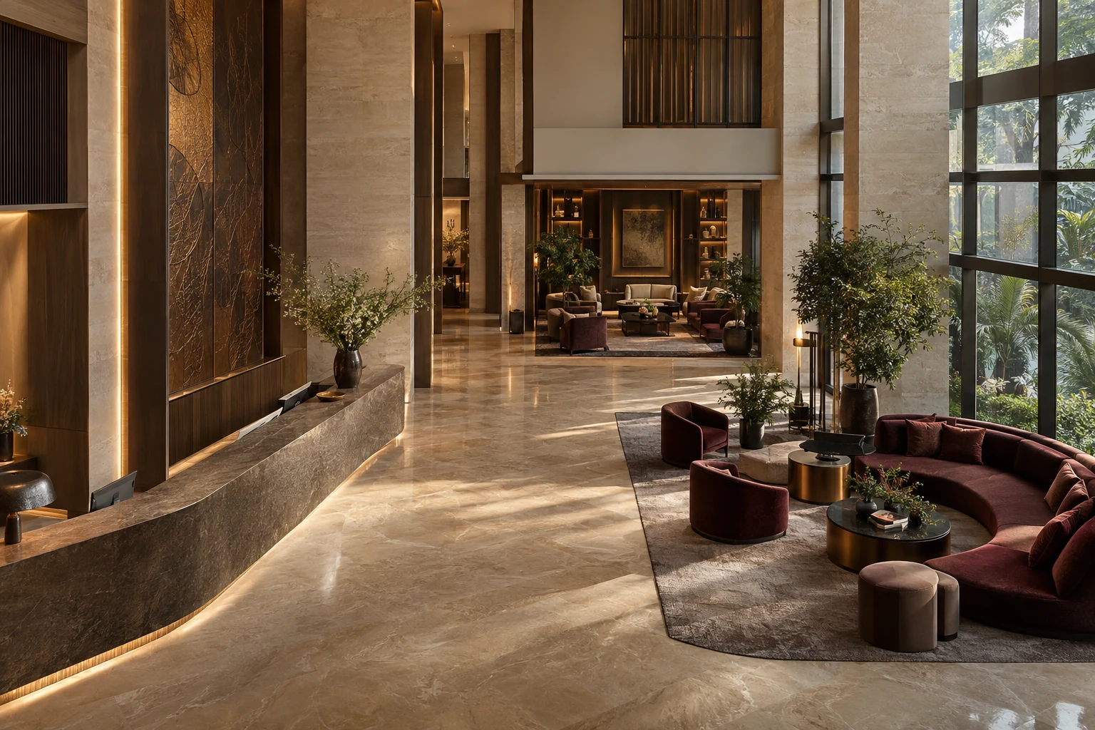 Elevated view of a hotel lobby showing its double-height space, reception and separate seating areas
