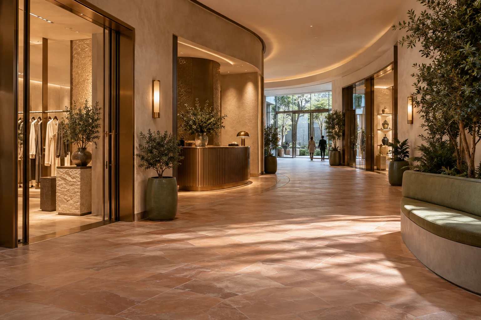 Shopping gallery with a curved circulation route, glass entrance, concierge area and adjoining shopfronts