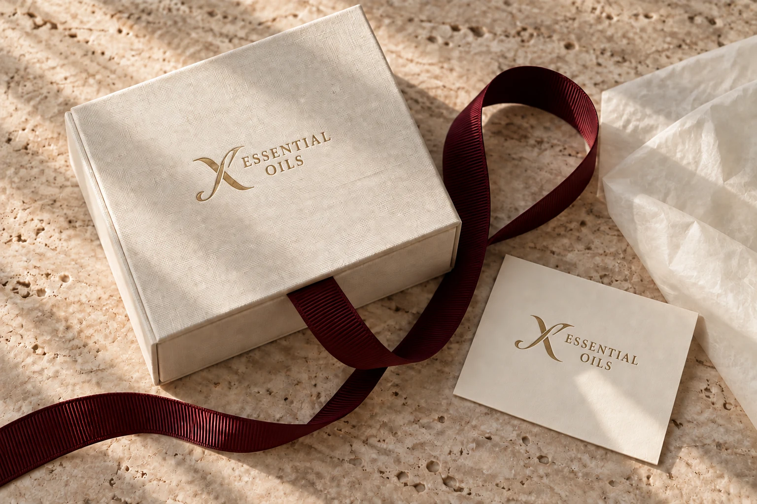 A close study of an ivory textured X Essential Oils box, burgundy ribbon, tissue paper and a small scent card on travertine