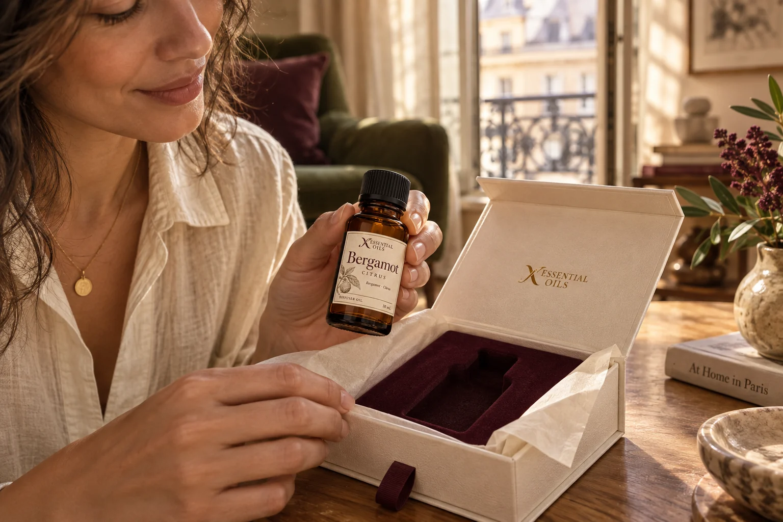 A woman lifts a labelled Bergamot bottle from an ivory presentation box with a burgundy interior in a sunlit apartment