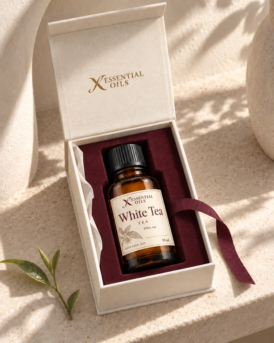 One White Tea fragrance bottle nestled in a burgundy insert inside an open ivory presentation box on sunlit limestone