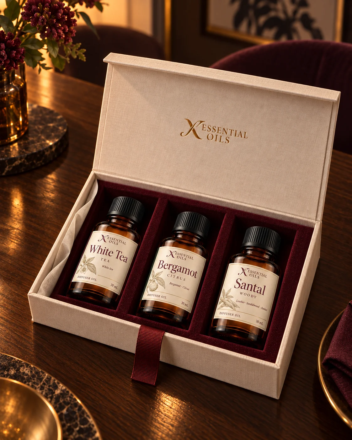 White Tea, Bergamot and Santal bottles arranged in three fitted compartments of an ivory and burgundy gift box on dark walnut