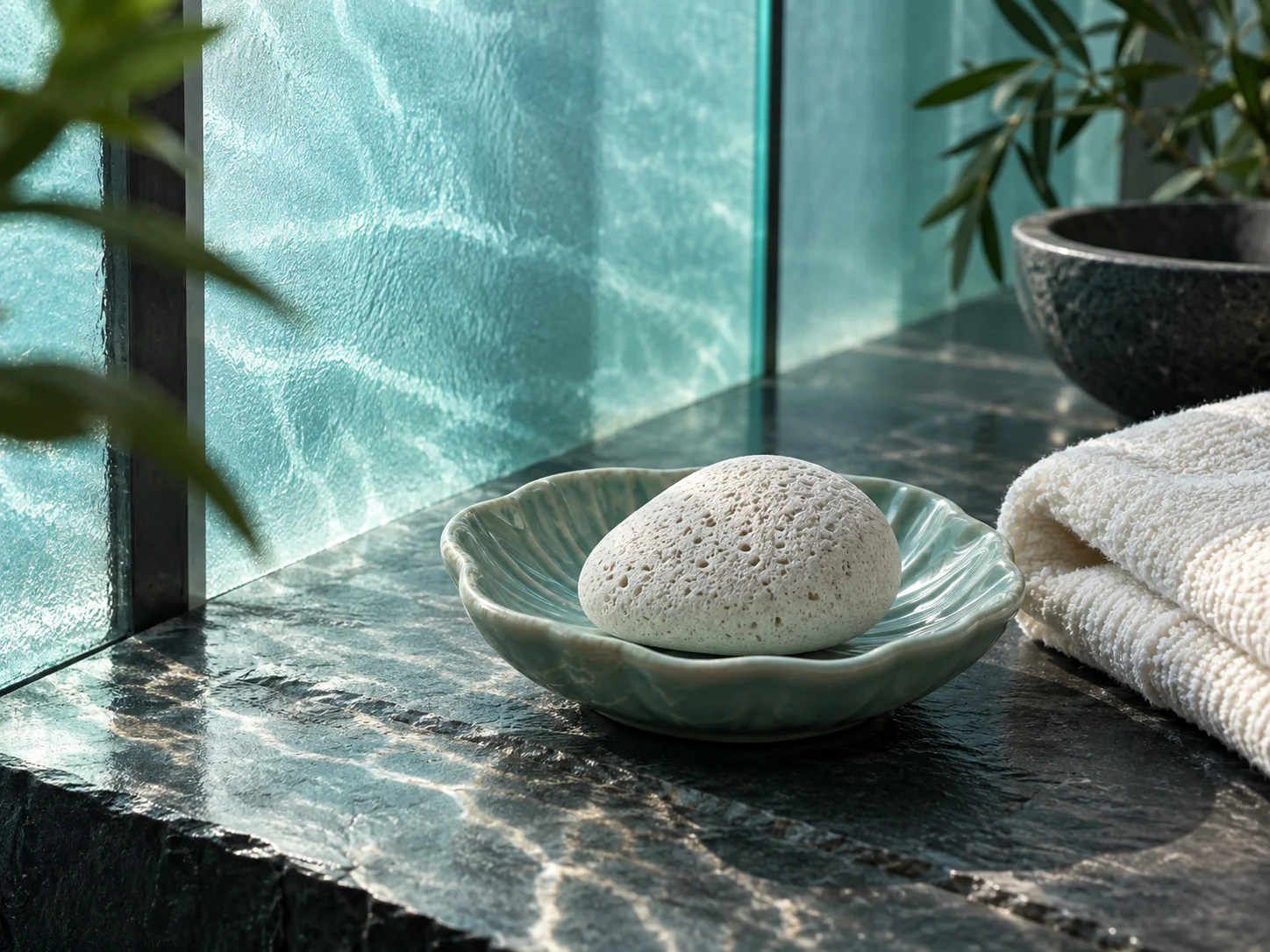 A porous white fragrance stone in a celadon dish beside a cool turquoise spa window