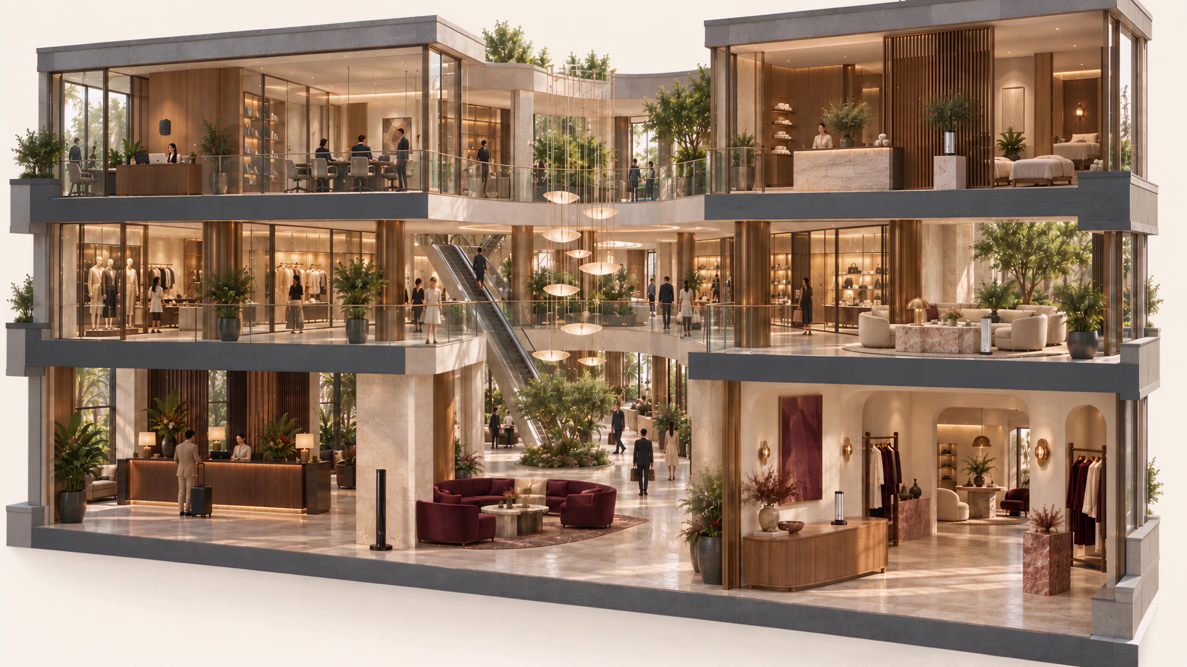 An original furnished architectural cutaway showing hotel, boutique, mall, office and spa interiors across a connected property.